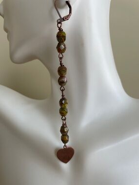 HAND CRAFTED FIRE-POLISHED GREEN CZECH GLASS DANGLE EARRINGS with Copper Hearts